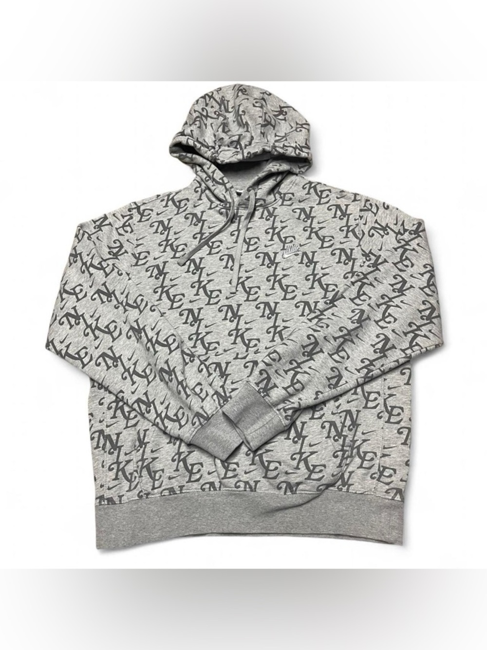 Nike Hoodie Mens Medium Gray All Over Print Logo Pullover Sweatshirt